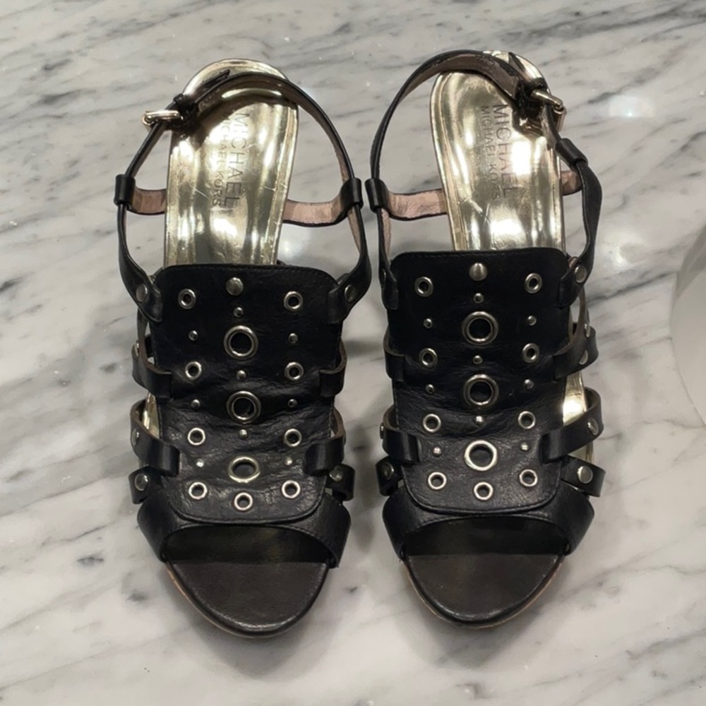 MICHAEL KORS Black Leather Grommet Cork Platform Stiletto Strappy Heels Size 9.5